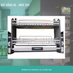 Giá bát đĩa di động nâng hạ, nan dẹt inox 304 SGH 700/800/900
