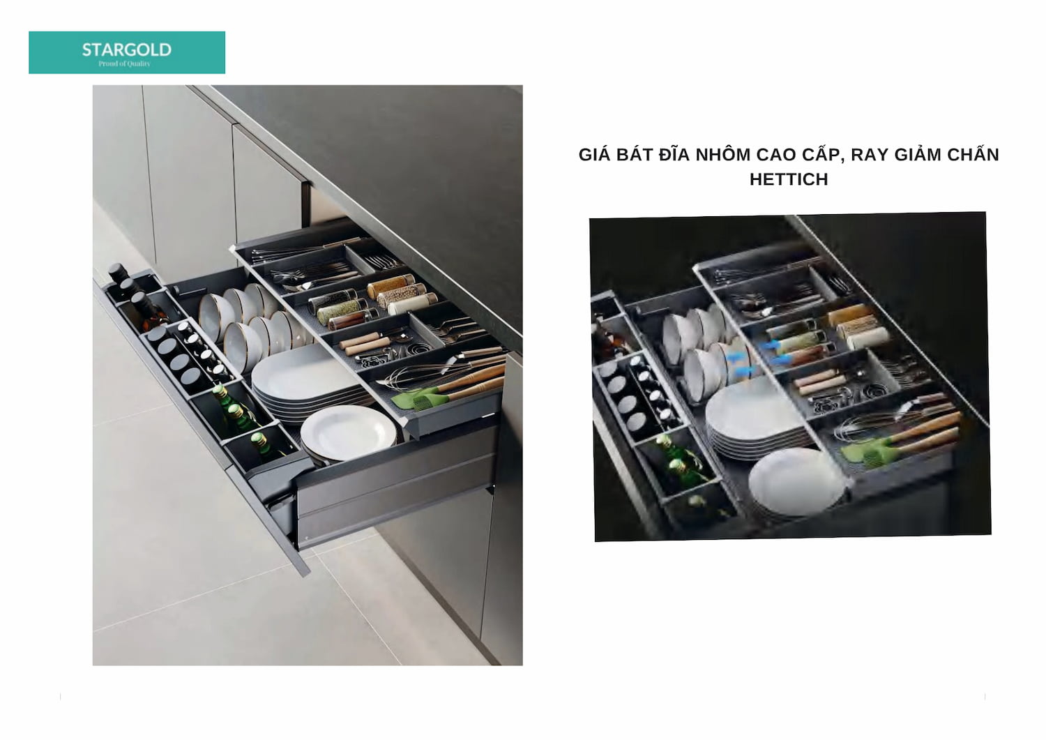 GIÁ BÁT ĐĨA NHÔM CAO CẤP, RAY GIẢM CHẤN HETTICH