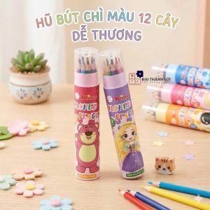 LON 12 Cây Bút Chì Màu LOẠI DÀI 12 MÀU Dạng Lon Có Nắp Đậy Kèm Chuốt, Màu Tươi Nét Đậm