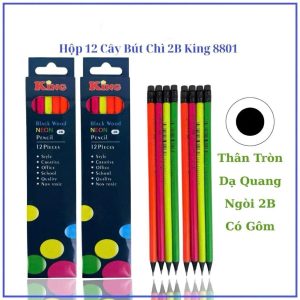 [8801] HỘP 12 Cây Bút Viết Chì Gỗ Đen 2B Thân Dạ Quang Nhiều Màu, Nét Đậm Khó Gãy King KC8801 Có Gôm, Chất Lượng Cao