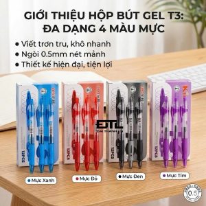 HỘP 12 Cây Bút Viết Gel Nước Bấm LEX / LEA T3 Ngòi 0.5mm (Mực Xanh, Đỏ, Đen) Cao Cấp Chính Hãng