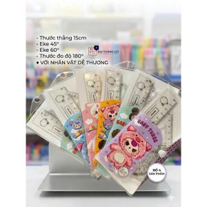 [Túi nhựa Nút] Bộ 4 MónThước 15 CM họa tiết dễ thương (Thước Thẳng, Êke, Đo Độ, Đo Góc) Loại Nhựa Cứng Kích Thước