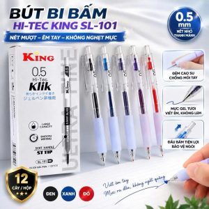 [SL101] HỘP 12 Cây Bút Viết Bi Đầu Bấm Hi-Tec King SL-101 / SL 101 Ngòi 0.5mm (Mực Xanh, Đỏ, Đen), Mực đều, Viết Êm