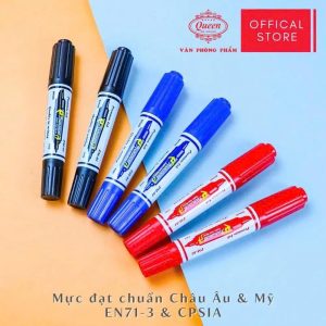 Hộp 12 Cây Bút lông dầu hai đầu Queen PM-01 - Mực chuẩn Châu Âu & Mỹ - Màu Xanh Dương/Đen/Đỏ