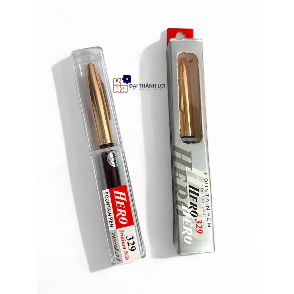 Bút Máy Ngòi Trơn / Bút Máy Bơm Mực Queen / Bút Máy Hero 329 Nắp Xi Vàng, Chính Hãng - Phiên Bản Quốc Tế