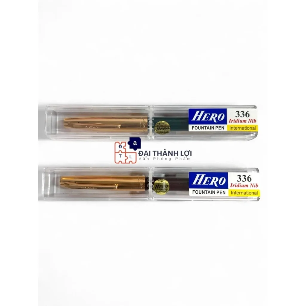 Bút Máy Ngòi Trơn / Bút Máy Bơm Mực Queen / Bút Máy Hero 336 Nắp Xi Vàng, Chính Hãng - Phiên Bản Quốc T