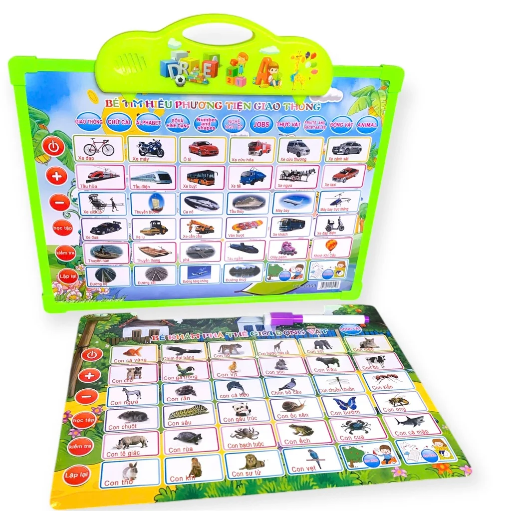 Bảng chữ cái phát âm thanh, gồm 11 mặt chủ đề dùng để học chữ cái cho bé tiếng song ngữ Anh Việt