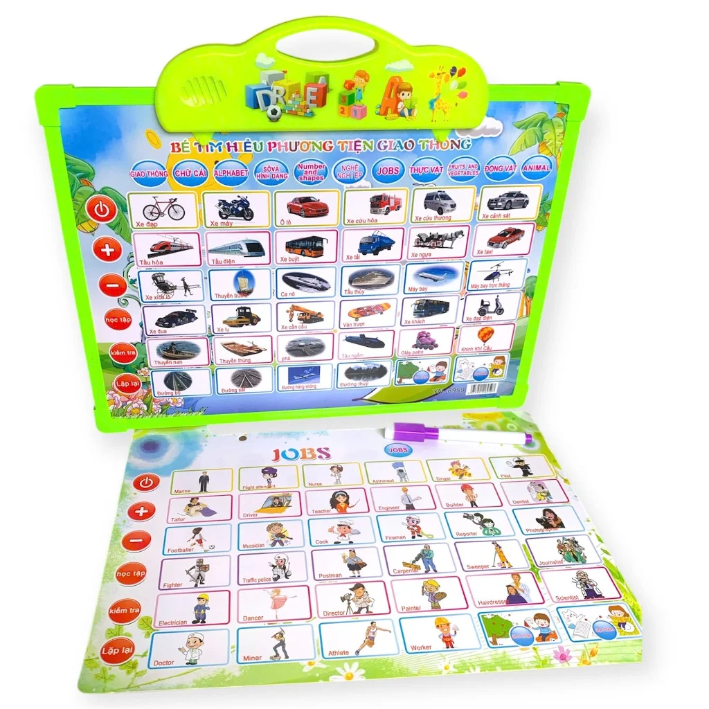 Bảng chữ cái phát âm thanh, gồm 11 mặt chủ đề dùng để học chữ cái cho bé tiếng song ngữ Anh Việt