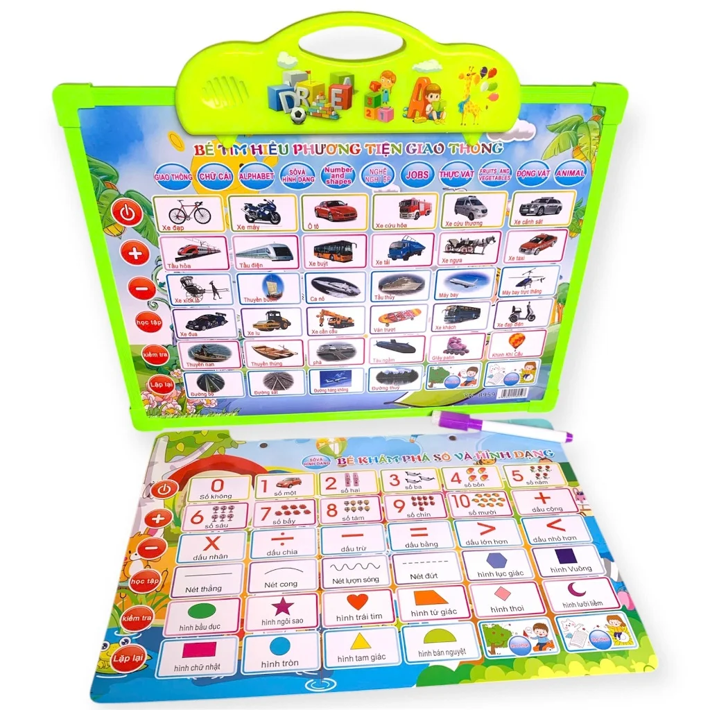 Bảng chữ cái phát âm thanh, gồm 11 mặt chủ đề dùng để học chữ cái cho bé tiếng song ngữ Anh Việt