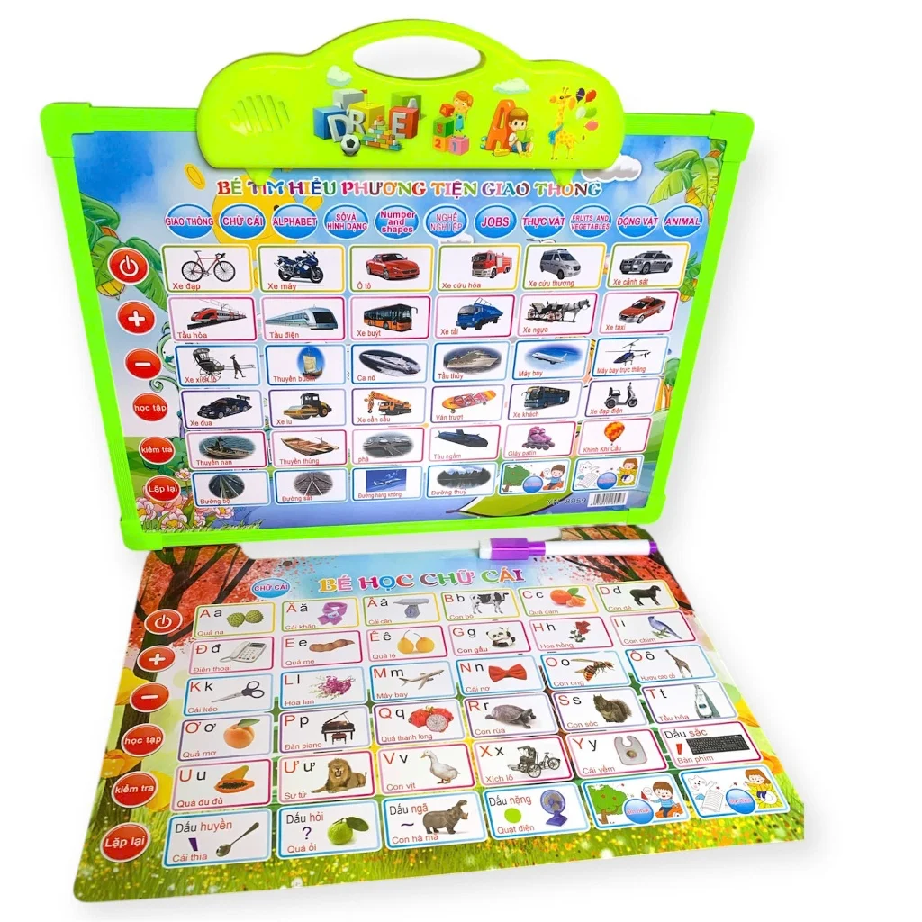 Bảng chữ cái phát âm thanh, gồm 11 mặt chủ đề dùng để học chữ cái cho bé tiếng song ngữ Anh Việt