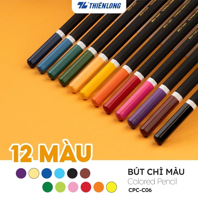 Bút chì màu thân gỗ tự nhiên cao cấp Thiên Long CPC-C06- 12 màu, không độc hại- An toàn cho bé vẽ tranh, tô màu
