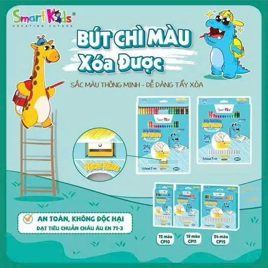 Bút chì màu xóa được Smartkids Dino Wood Free 12/18/24 màu tô an toàn dành cho bé từ 6 tuổi trở lên