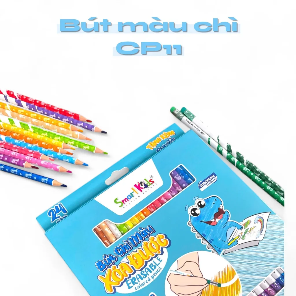 Bút chì màu xóa được Smartkids Dino Wood Free 12/18/24 màu tô an toàn dành cho bé từ 6 tuổi trở lên
