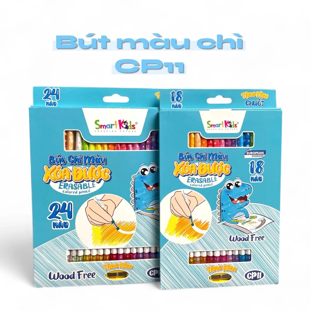 Bút chì màu xóa được Smartkids Dino Wood Free 12/18/24 màu tô an toàn dành cho bé từ 6 tuổi trở lên