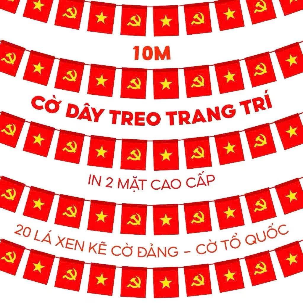 Cờ dây tổ quốc sao, đảng, cờ tổ quốc vải phi bóng in 2 mặt, hàng loại 1 dài 10m
