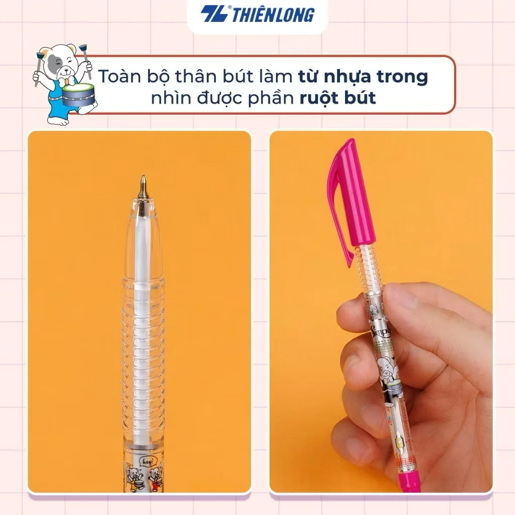 Bút bi Thiên Long TL-062 ngòi 0.38mm mực xanh/đỏ/đen có nắp đậy, đầu bi nhỏ tạo nét viết thanh mảnh