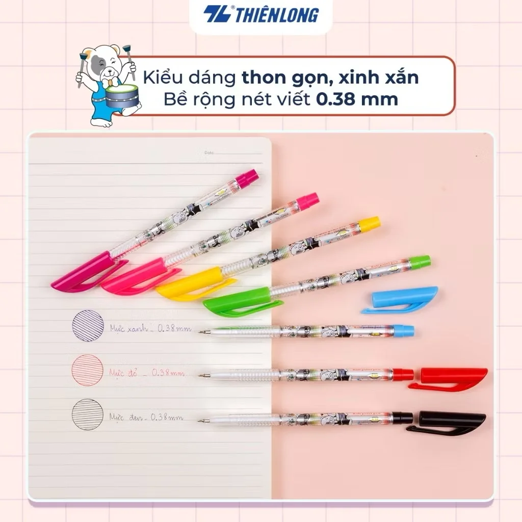Bút bi Thiên Long TL-062 ngòi 0.38mm mực xanh/đỏ/đen có nắp đậy, đầu bi nhỏ tạo nét viết thanh mảnh