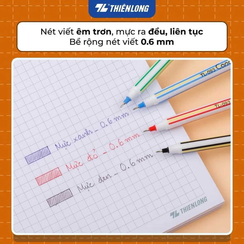 Bút bi Thiên Long TL-093 ngòi 0.6mm mực xanh/đỏ/đen có nắp đậy, trọng lượng nhẹ phù hợp tốc kí