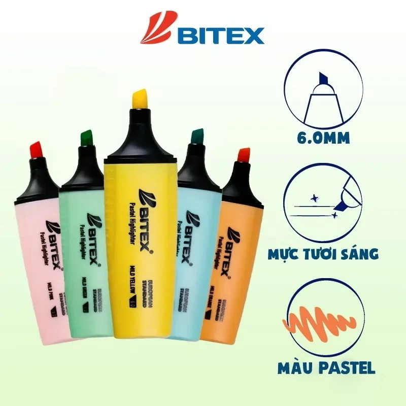 Bút Dạ Quang HL05 Hiệu Bitex Màu Pastel Dịu Nhẹ, Mực Ra Đều, Khô Nhanh, Màu Sắc Đa Dạng