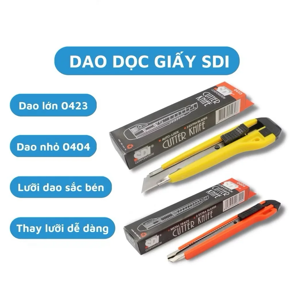 Dao Rọc Giấy Loại Lớn SDI 0423 Lưỡi Lớn 18mm xịn, siêu sắc bén, kèm 1 lưỡi dao thay thế trong thân dao