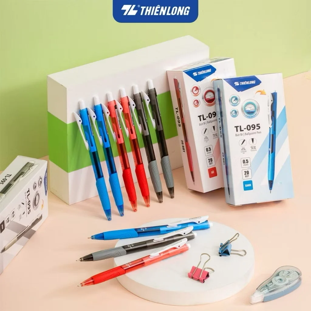 Bút bi Thiên Long TL-095 mực xanh/đỏ/đen ngòi 0.5mm kiểu dáng hiện đại cầm tay thoải mái, nét đều trơn