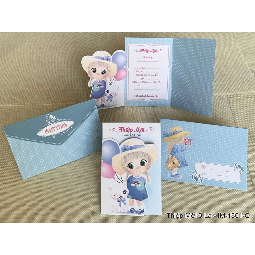 Thiệp mời sinh nhật 3 lá nhiều mẫu - viết tay