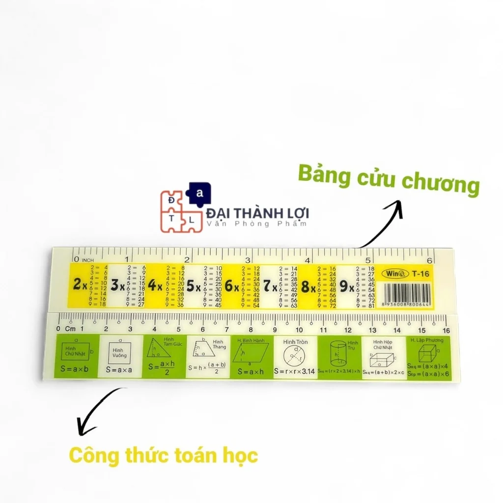 Thước Kẻ Nhựa cứng 15cm WinQ T-16, in bảng cửu chương và công thức toán