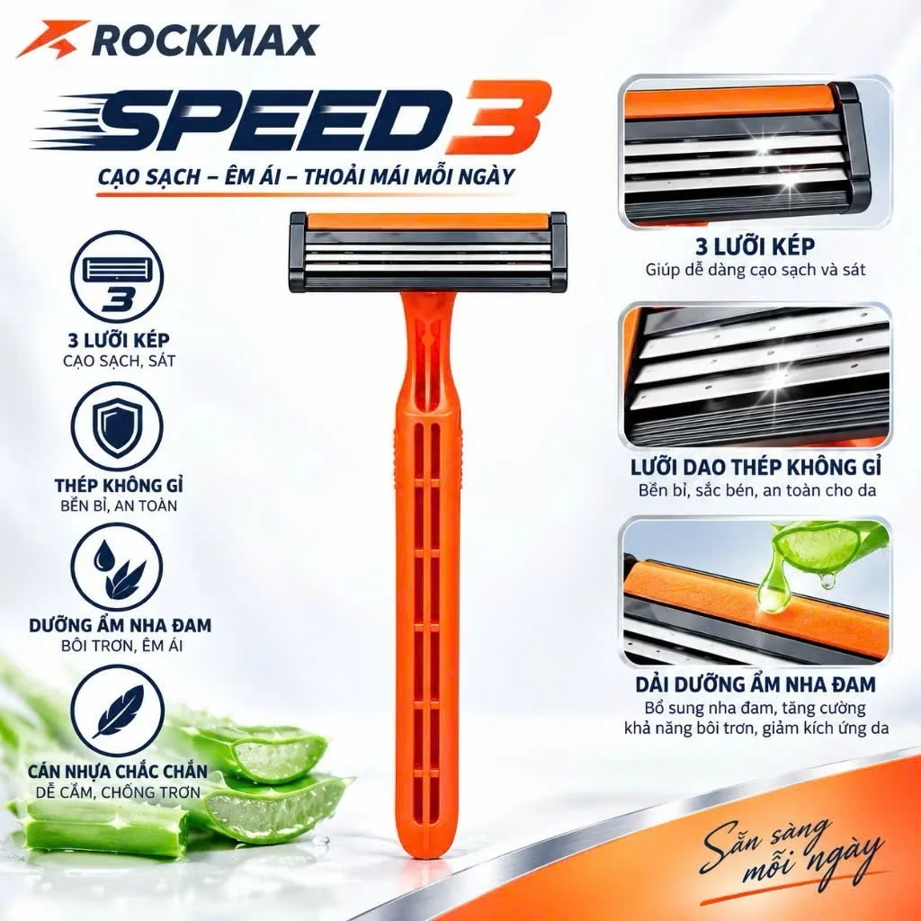 Dao cạo râu ROCKMAX SPEED 3, lưỡi lưỡi kép sắc bén, thân nhựa chắc chắn, có dải dưỡng ẩm