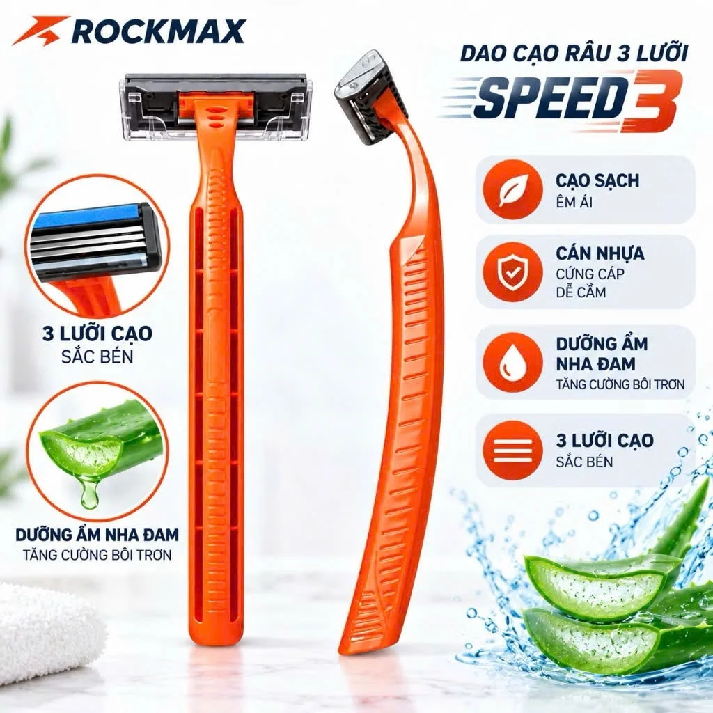 Dao cạo râu ROCKMAX SPEED 3, lưỡi lưỡi kép sắc bén, thân nhựa chắc chắn, có dải dưỡng ẩm