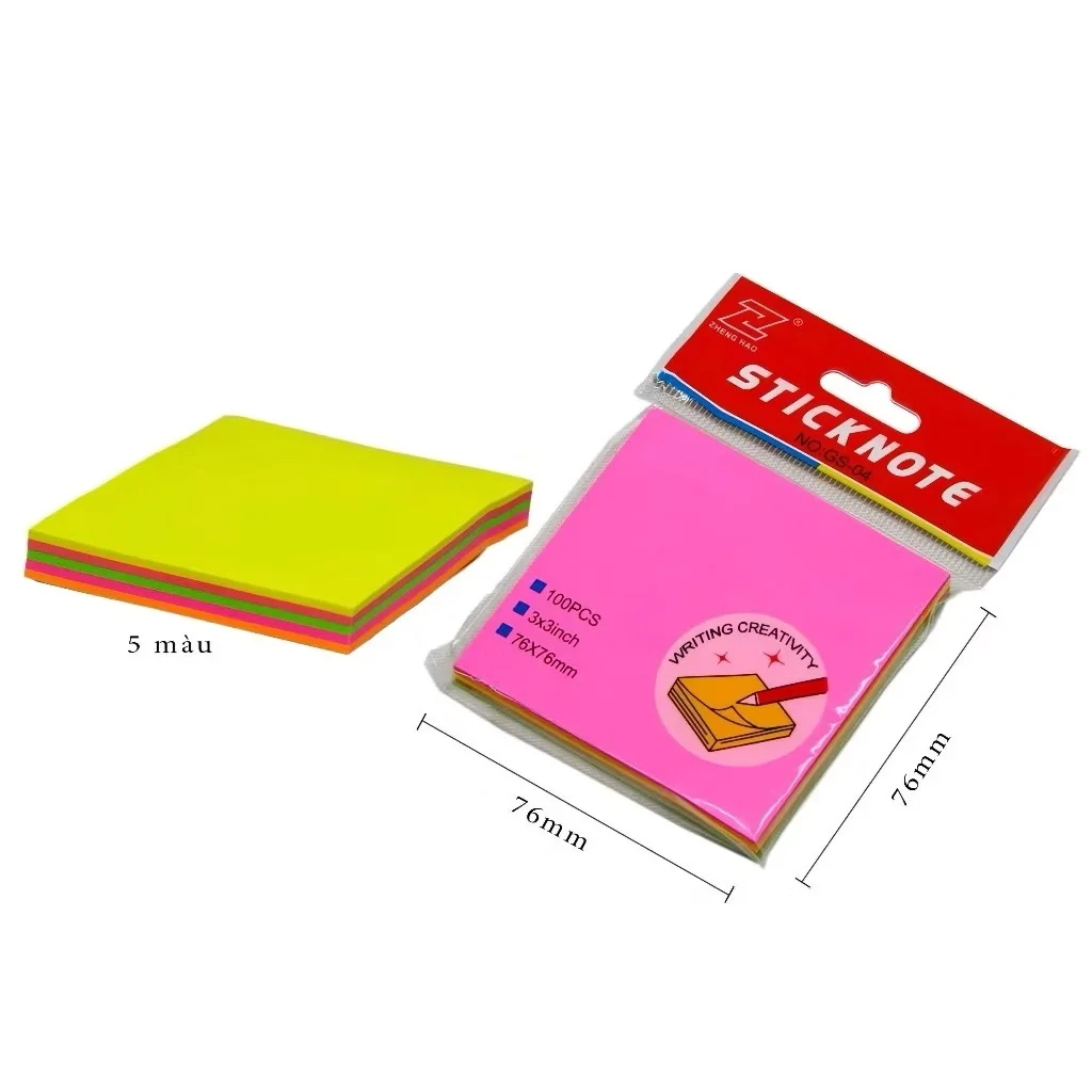 Giấy note, giấy ghi chú, giấy nhớ màu neon có keo dán size 3x2, 3x3, 3x4, 3x5