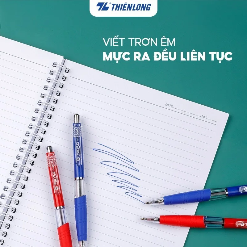 Bút bi Thiên Long TL-047 0.7mm mực xanh/đỏ/đen thiết kế cân đối, nút bấm mạ crom, có đệm cầm tay