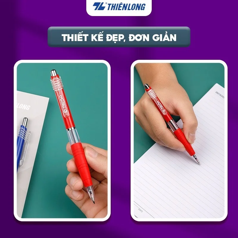 Bút bi Thiên Long TL-047 0.7mm mực xanh/đỏ/đen thiết kế cân đối, nút bấm mạ crom, có đệm cầm tay