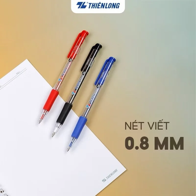 Bút bi Thiên Long TL-025 ngòi 0.8mm mực/xanh/đỏ đen có tấm đệm mềm giúp cầm êm tay và giảm trơn khi viết