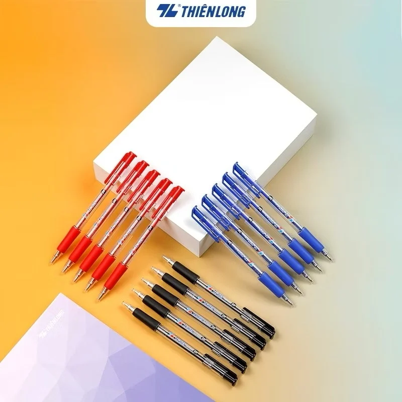 Bút bi Thiên Long TL-025 ngòi 0.8mm mực/xanh/đỏ đen có tấm đệm mềm giúp cầm êm tay và giảm trơn khi viết