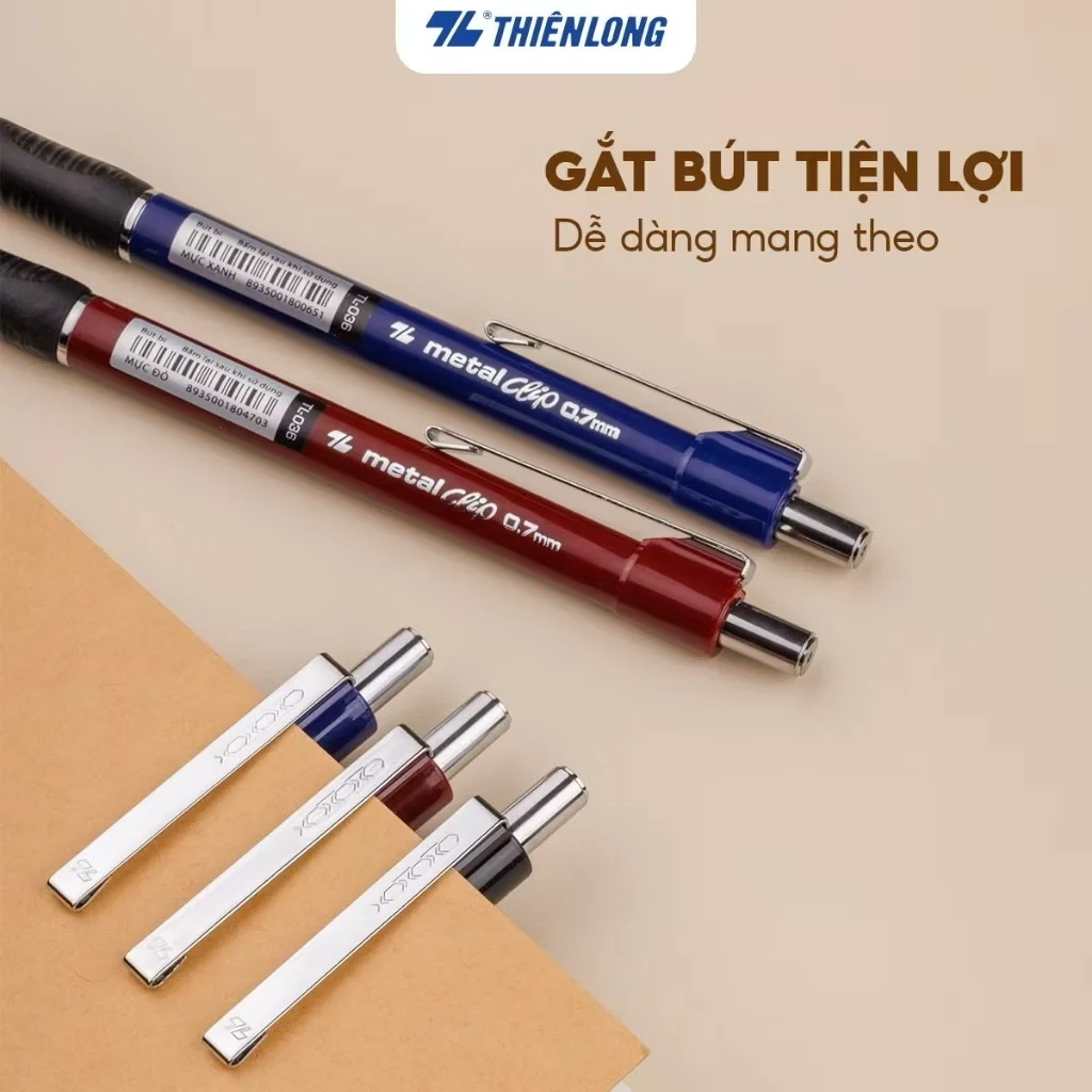 Bút bi Thiên Long TL-036 - Bút bi giắt kim loại mạ crom đệm cầm tay cao su êm