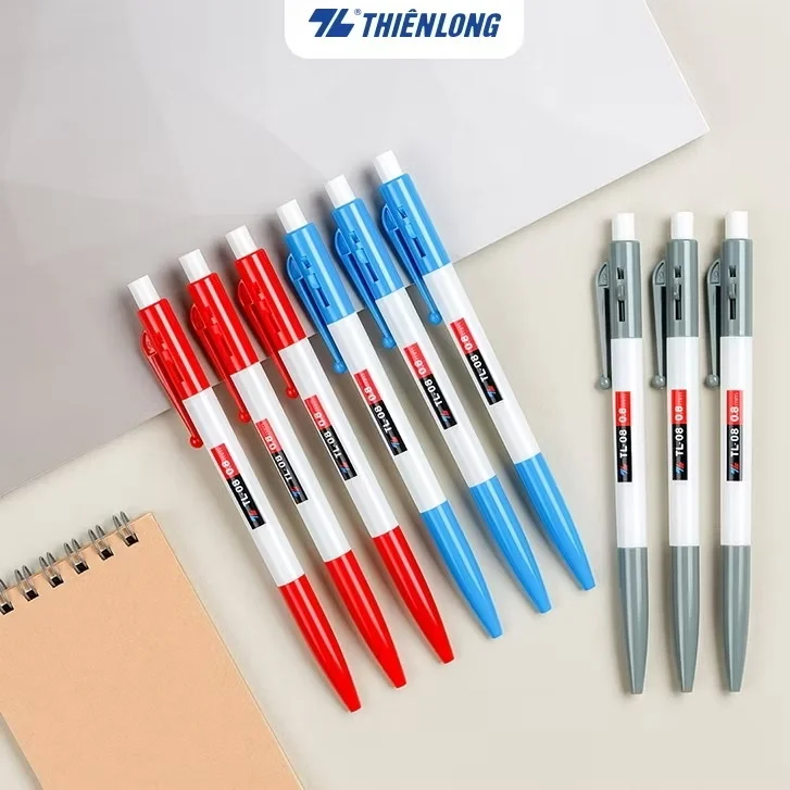 Bút bi Thiên Long TL-08 ngòi 0.8mm mực xanh/đỏ/đen thiết kế tối giản, dễ sử dụng, dạng bấm cò