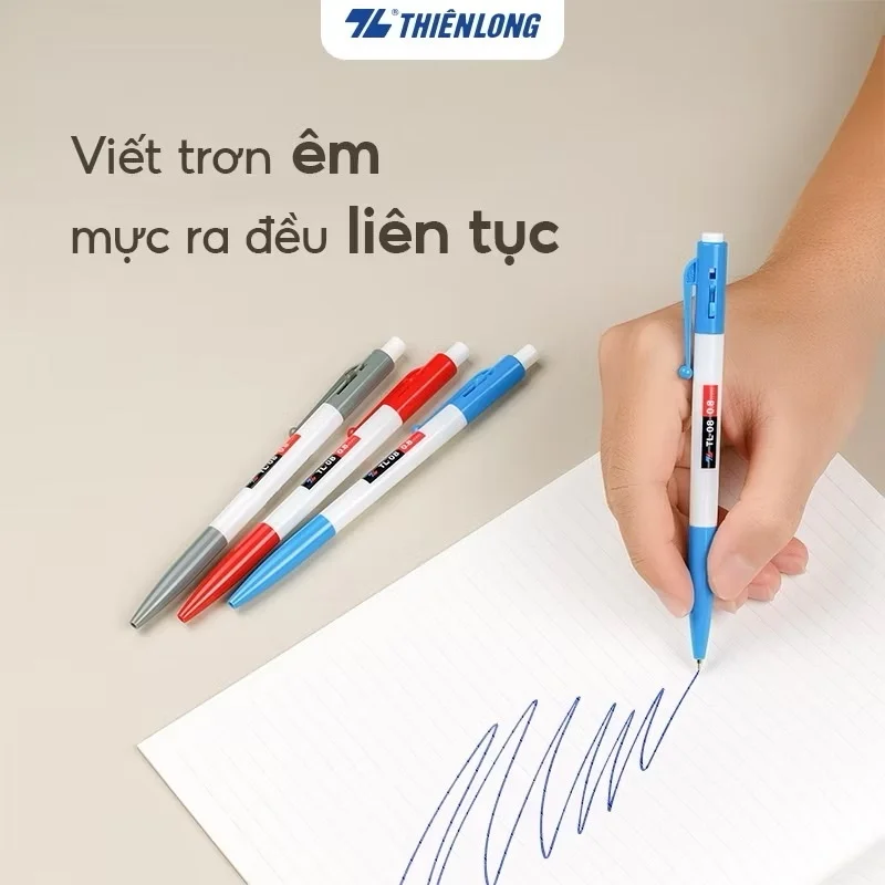 Bút bi Thiên Long TL-08 ngòi 0.8mm mực xanh/đỏ/đen thiết kế tối giản, dễ sử dụng, dạng bấm cò