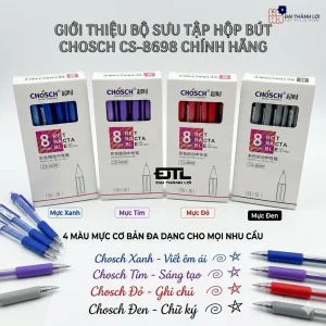 Bút Viết Gel Nước Bấm Chosch CS-8698/CS 8698 Ngòi 0.5mm, Có Đệm Viết Êm Tay, Mực Xanh, Đỏ, Tím, Đen