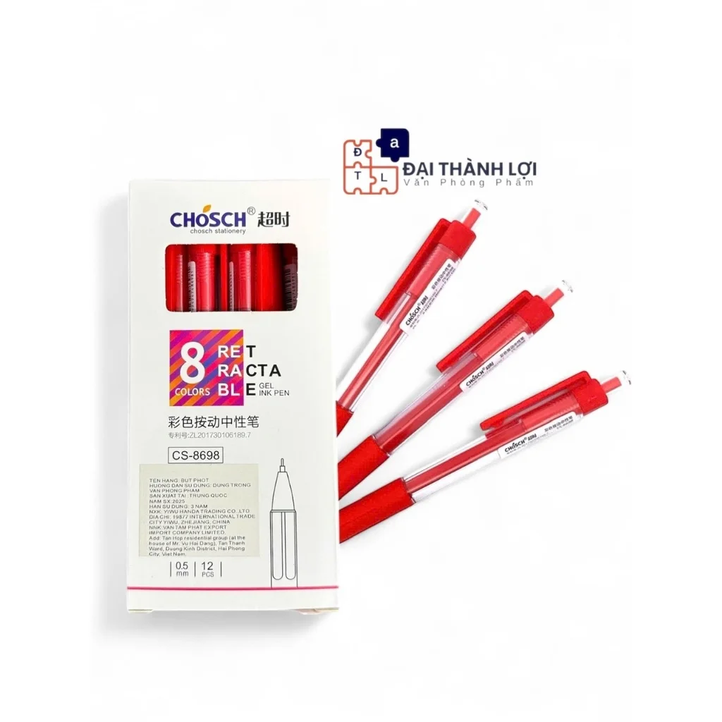 Bút Viết Gel Nước Bấm Chosch CS-8698/CS 8698 Ngòi 0.5mm, Có Đệm Viết Êm Tay, Mực Xanh, Đỏ, Tím, Đen