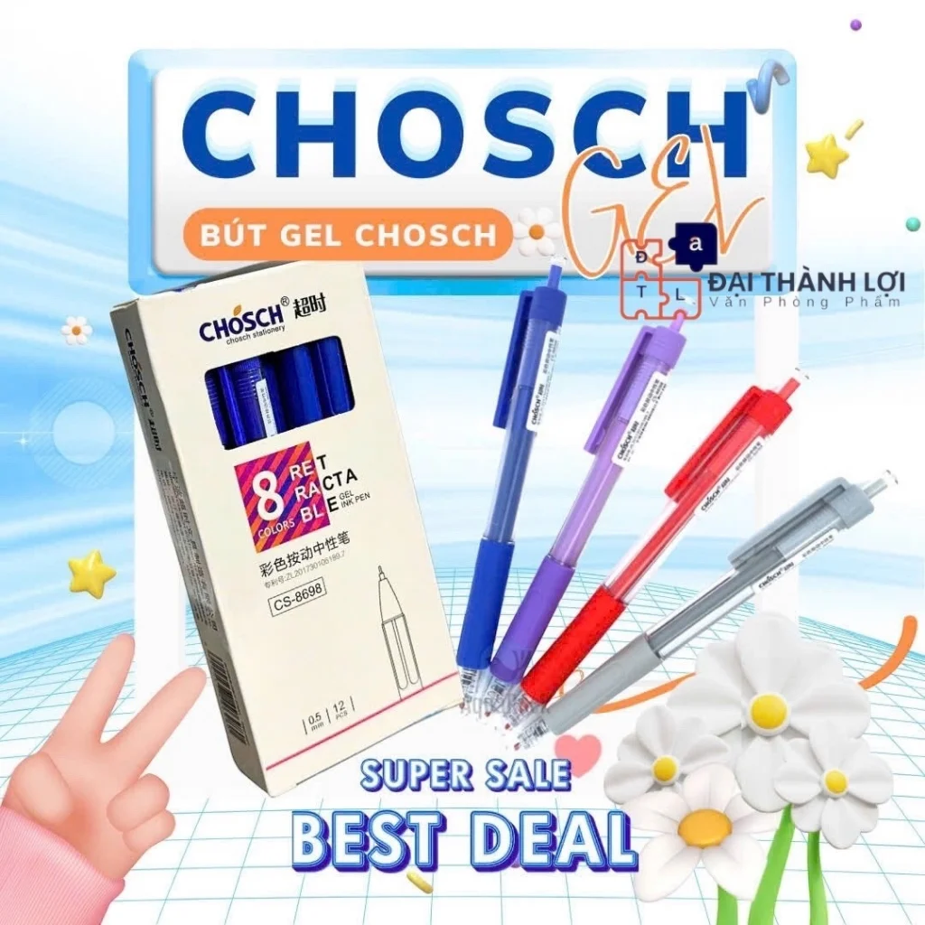 Bút Viết Gel Nước Bấm Chosch CS-8698/CS 8698 Ngòi 0.5mm, Có Đệm Viết Êm Tay, Mực Xanh, Đỏ, Tím, Đen