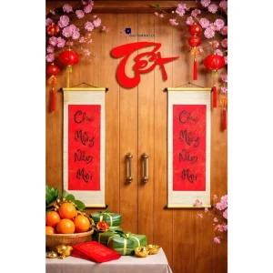 Cặp mành tre câu đối trang trí Tết chữ thư pháp 30x90cm,Mành tre trang trí Tết. Dải câu đối tre chúc mừng năm