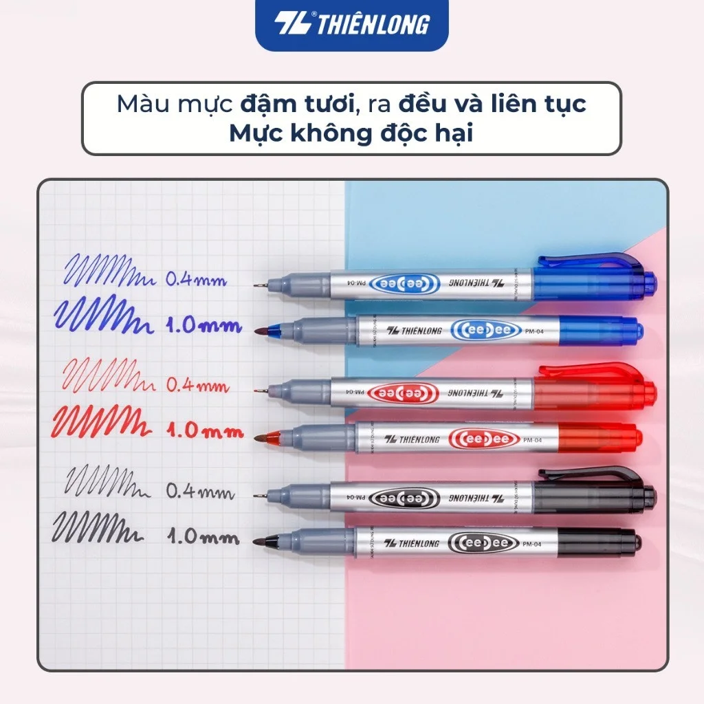 Bút lông dầu 2 đầu bút Thiên Long PM-04 bám dính tốt trên các vật liệu: Giấy, gỗ,nhựa, thủy tinh, gốm, sứ, đĩa CD