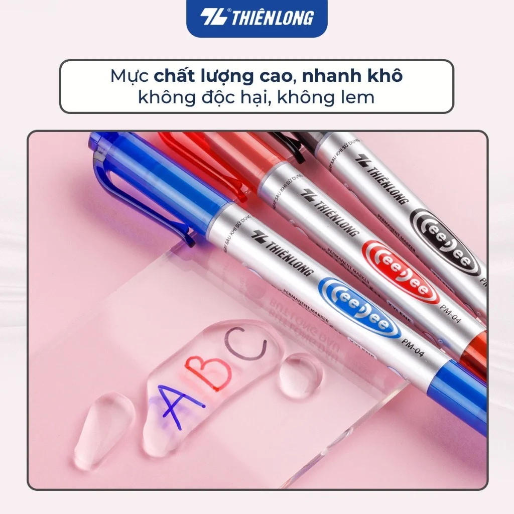 Bút lông dầu 2 đầu bút Thiên Long PM-04 bám dính tốt trên các vật liệu: Giấy, gỗ,nhựa, thủy tinh, gốm, sứ, đĩa CD