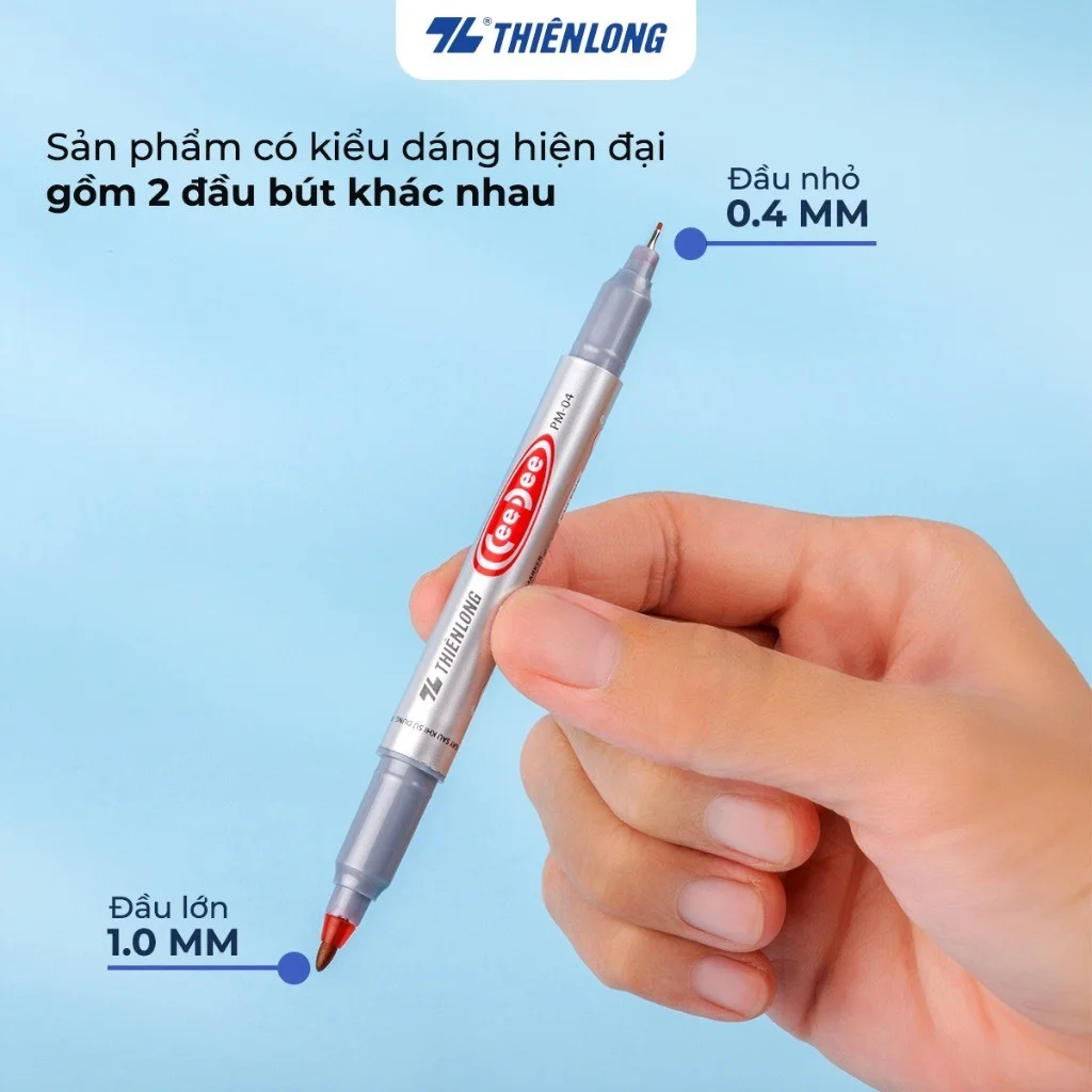 Bút lông dầu 2 đầu bút Thiên Long PM-04 bám dính tốt trên các vật liệu: Giấy, gỗ,nhựa, thủy tinh, gốm, sứ, đĩa CD