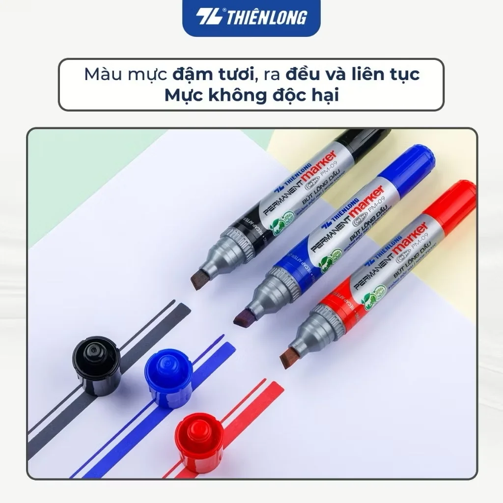 Bút lông dầu Thiên Long PM-09, mực đạt tiêu chuẩn Châu Âu, bám dính tốt trên nhiều vật liệu