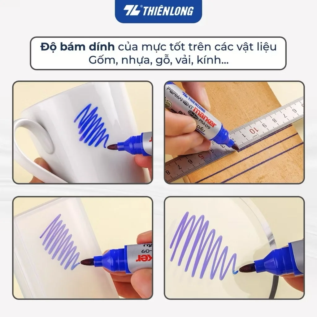 Bút lông dầu Thiên Long PM-09, mực đạt tiêu chuẩn Châu Âu, bám dính tốt trên nhiều vật liệu
