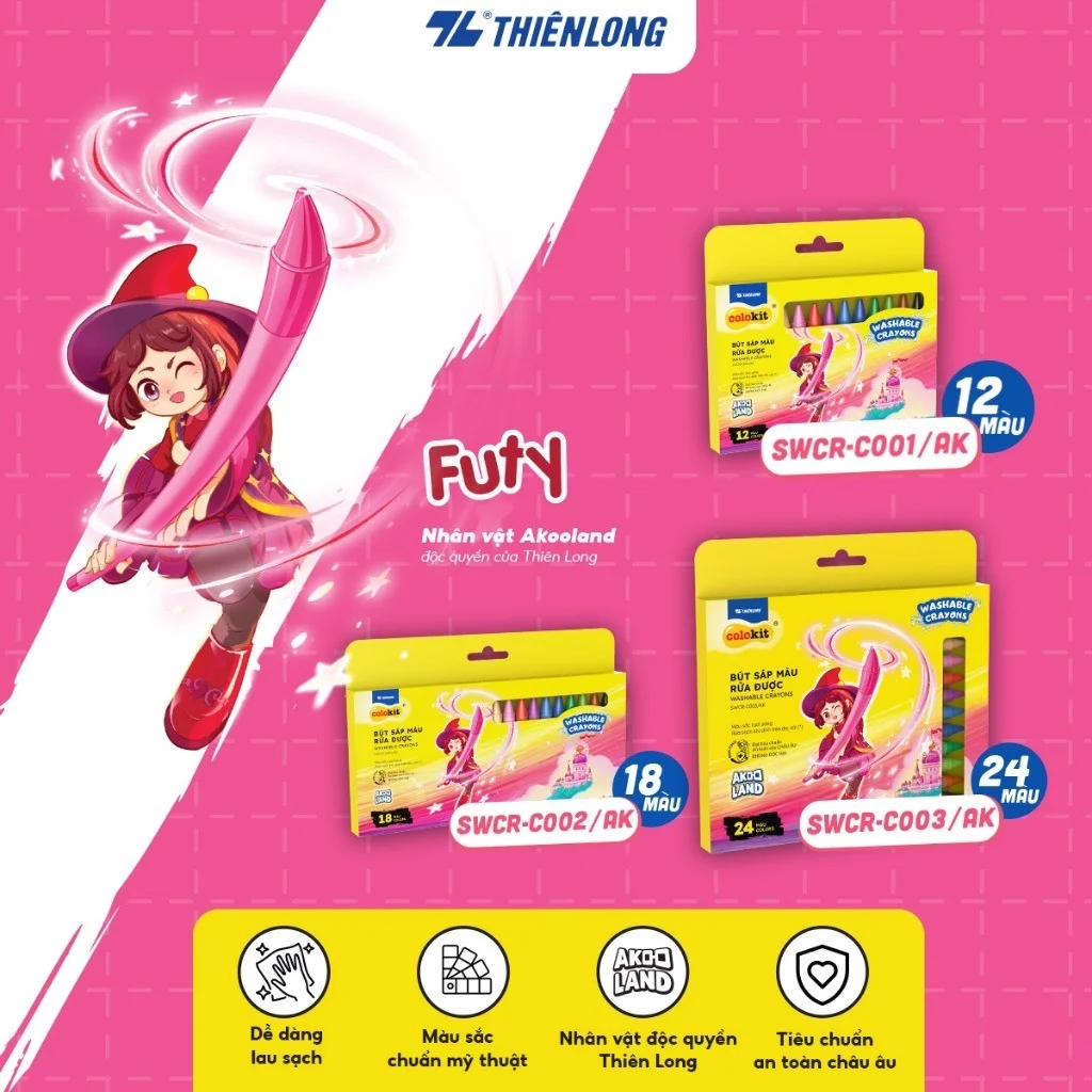 Bút sáp màu rửa được - Washable Crayons Thiên Long Colokit - Nhân vật Futy Akooland thế giới học cụ thần kỳ