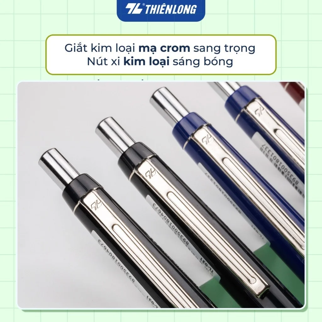 Bút bi Thiên Long TL-031 ngòi 0.5mm mực xanh/đỏ/đen giắt kim loại mạ crom, kiểu dáng hiện đại