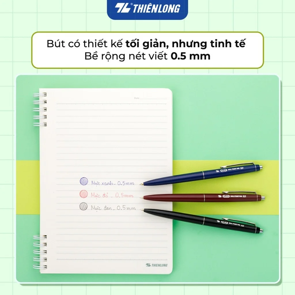 Bút bi Thiên Long TL-031 ngòi 0.5mm mực xanh/đỏ/đen giắt kim loại mạ crom, kiểu dáng hiện đại