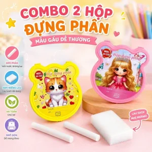 HỘP Đựng Phấn 2 Ngăn Hình Gấu Dễ Thương Trong 1 Kèm 2 Cây Phấn, Moust Lau Bảng (Màu Ngẫu Nhiên)